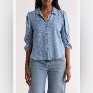 Splendid Chambray Puff Sleeve Floral Button Front Blouse Size Large
